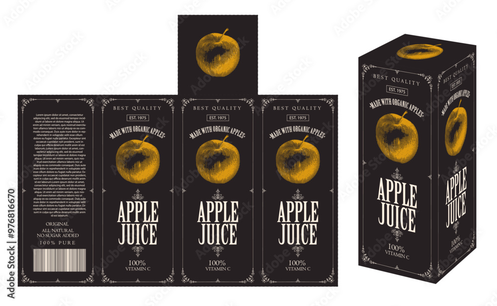 Poster vector mockup template of cardboard packaging box for apple juice with realistic pattern of apple in
