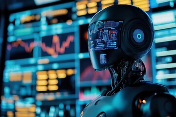 A futuristic robot with glowing blue digital displays in a dark, technological environment