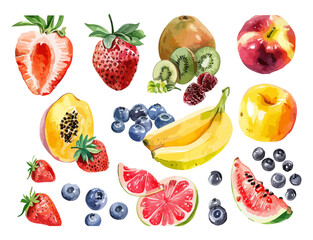 Watercolor Illustration of Fresh Fruit, Strawberries, Blueberries, Watermelon, Bananas, Grapefruit, Kiwi, Peach, Papaya and Apple. vector illustration