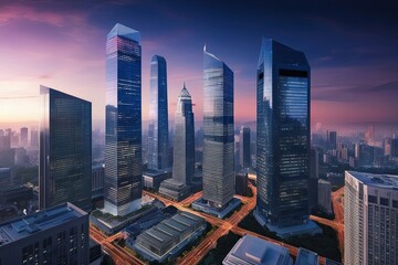 Contemporary Skyscrapers in a Digital City Landscape with Unique Perspectives on Finance and Urban Architecture