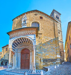Fototapeta premium Gate of White Lions and Basilica of Santa Maria Maggiore panorama, Bergamo, Italy