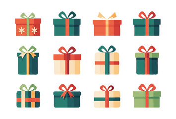 Set of Colorful Gift Boxes with Decorative Bows flat Design Vector Icons