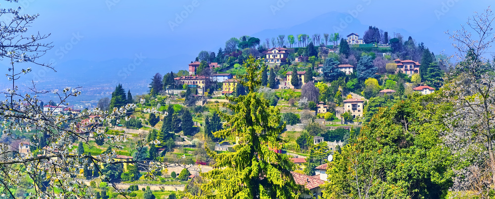 Sticker Panorama of green Monte Bastia from San Vigilio Hill, Bergamo, Italy