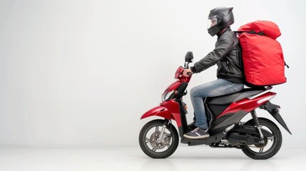 Courier on scooter with parcel bag isolated on white background