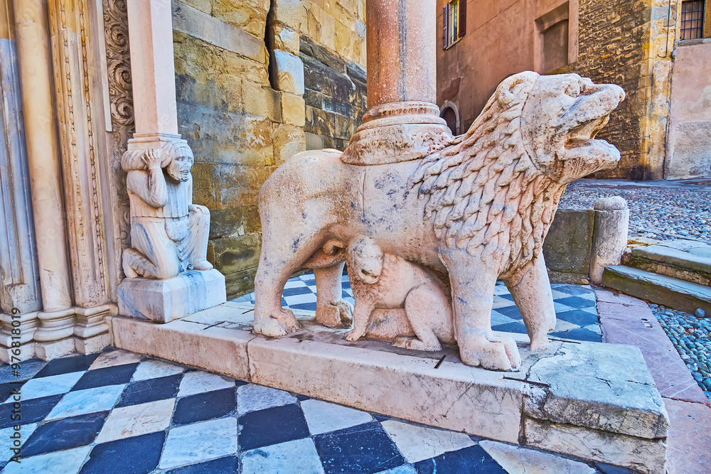 Sticker The lion and telamon sculptures, Porta dei Leoni Bianchi, Basilica of Santa Maria Maggiore, Bergamo, Italy