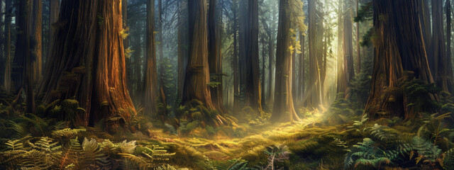 A mystical redwood grove, where towering trees reach towards the sky, their massive trunks cloaked in a blanket of moss and ferns