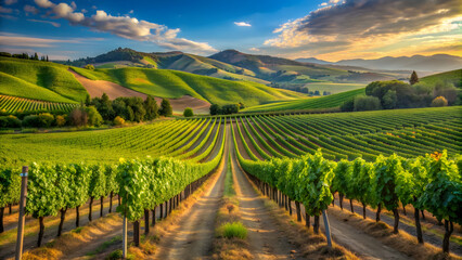 Naklejka premium Vineyards in the foothills with rows of grapevines stretching across the landscape, vineyard, vine, grapes, winery