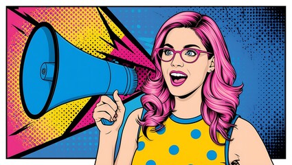 Colorful pop art illustration featuring a woman with pink hair, blue glasses, and a megaphone. Set against a bold background with blue, yellow, and comic-style bursts.