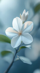 Naklejka premium Close-up of white flower in natural light, delicate petals, green leaves, peaceful floral scene, soft focus, nature photography