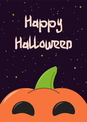 Halloween card with cunning pumpkin on dark background with stars. Trick or Treat postcard design. Halloween card in flat style. Happy Halloween, Halloween for kids. Vector hand drawn illustration 