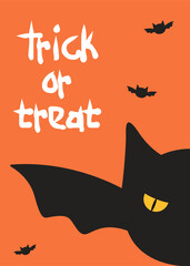 Halloween card with evil bat. Trick or Treat postcard design. Halloween card in flat style. Happy Halloween, Halloween for kids. Vector hand drawn illustration in flat style