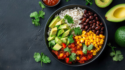A vibrant bowl of rice, black beans, corn, avocado, and fresh salsa, garnished with cilantro, depicting a healthy, colorful meal.