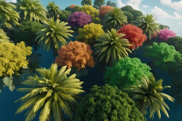 Aerial Perspective of Colorful Tropical Canopies and Greenery in 3D Rendering