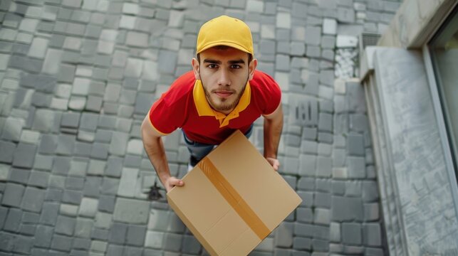 Courier holding a parcel stands in front of a door and talks on a video intercom looking at the camera