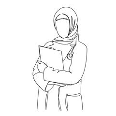 One continuous single drawing line art doodle medical, doctor, muslim, hospital, female. Isolated image hand draw contour on a white background
