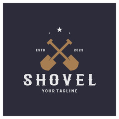 Obraz premium Shovel logo for agriculture, excavation,building, mining foundation. gardening vector set design with leaves