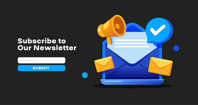 Vector illustration of a newsletter subscription form with an envelope, megaphone, and submit button. Ideal for web and app designs, promoting email subscriptions and digital marketing campaigns