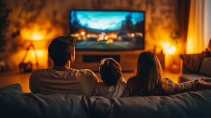 Family Watching Movie on Couch Together in Cozy Living Room