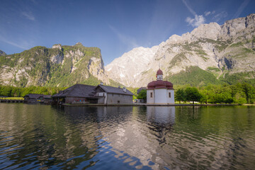 Sankt Bartholoma vor dem Watzmann on Konigsee lake in Berchtesgaden Alps Germany