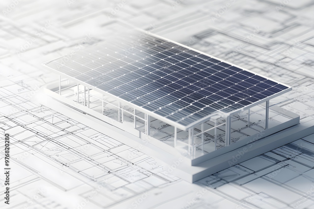 Poster a model of a building with solar panels on architectural blueprints.