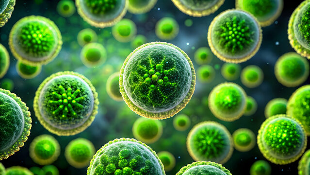Vibrant green algae cells with detailed chlorophyll structures on dark background, algae, cells, microscopic, vibrant