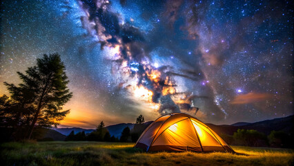 A serene and atmospheric image of a tent illuminated at a campsite under a starry night sky, camping, night