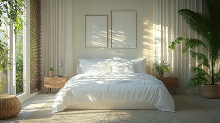 Minimalist Bedroom Interior Design with White Bed and Palm Trees