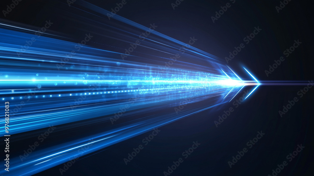 Poster abstract background featuring fast-moving blue light and arrows, creating a dynamic digital effect.