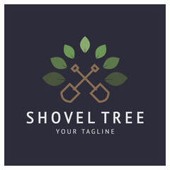 Shovel logo for agriculture, excavation,building, mining foundation. gardening vector set design with leaves