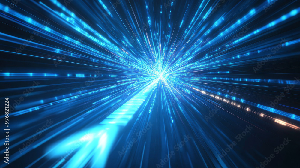 Poster abstract background featuring fast-moving blue light and arrows, creating a dynamic digital effect.