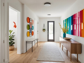Obraz premium A minimalist Scandinavian hallway with vibrant multicolored wall decor