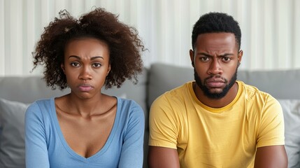 Fototapeta premium A couple is sitting on a couch and looking upset. AI.