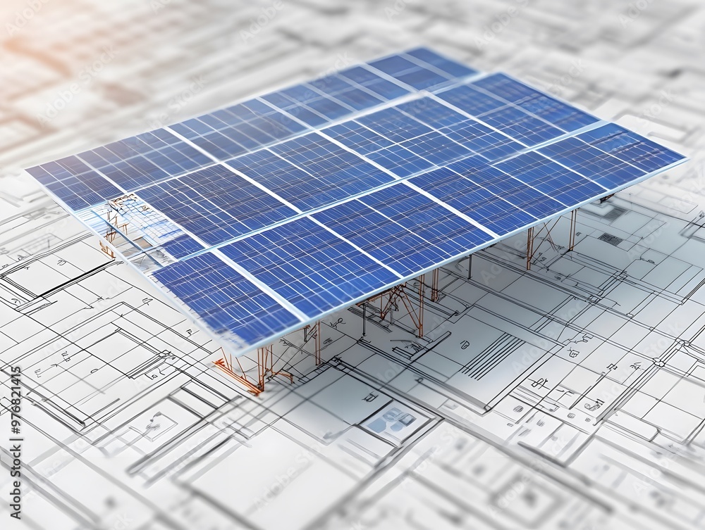 Poster a solar panel array positioned above architectural blueprints, symbolizing renewable energy design.