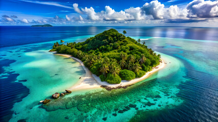 Fototapeta premium Aerial view of picturesque tropical island with turquoise waters, sandy beaches, and lush greenery