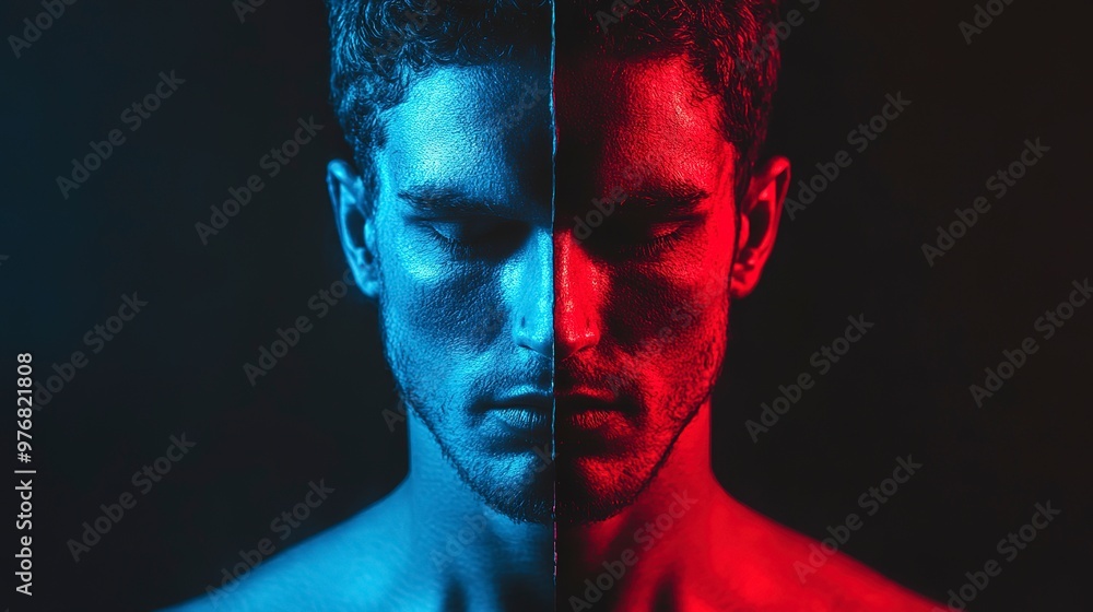 Poster duality of human nature concept with a split image of a man colored in red and blue, symbolizing goo