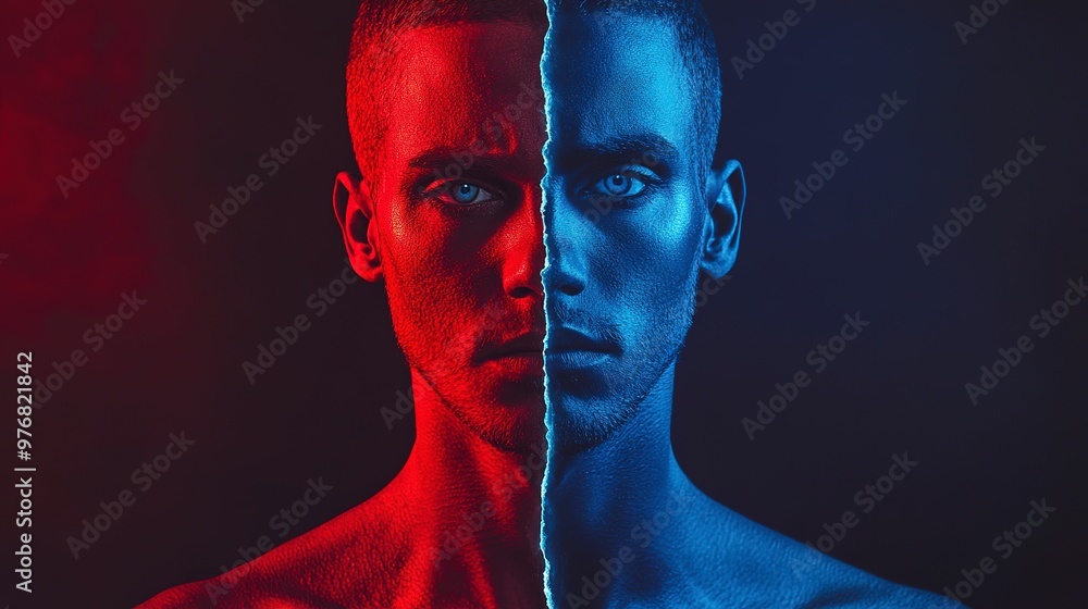 Sticker Duality of human nature concept with a split image of a man colored in red and blue, symbolizing good and evil.