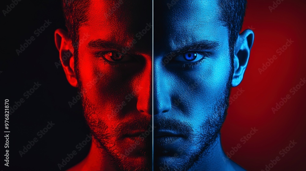 Poster duality of human nature concept with a split image of a man colored in red and blue, symbolizing goo