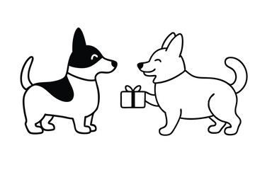 one dog corgi is giving a gift to other dog