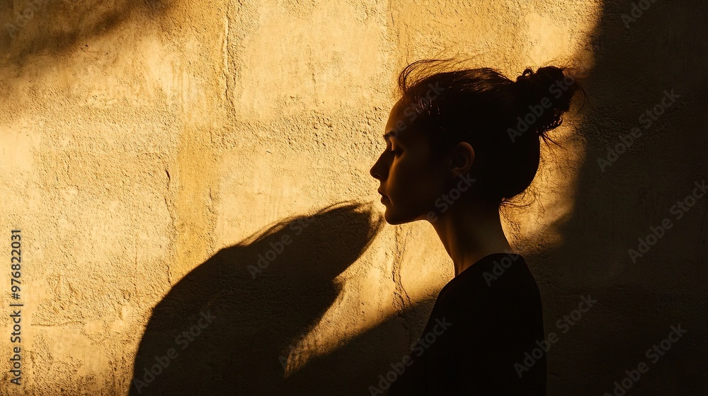 Poster profile view of a person cast in shadow against a textured wall, intersected by the long shadows of 