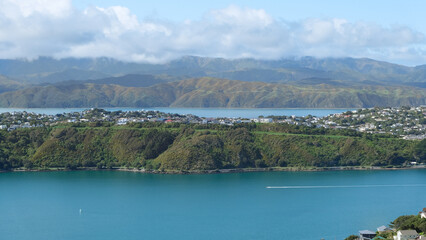 Fototapeta premium Scenic aerial view of Miramar Peninsula with houses overlooking ocean and rugged hills in capital city of Wellington, New Zealand Aotearoa