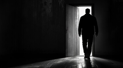 Man getting out from the darkness opening door 