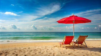 Red umbrella and beach chairs on sandy beach , vacation, relaxation, summer, seaside, tropical, travel, holiday, leisure