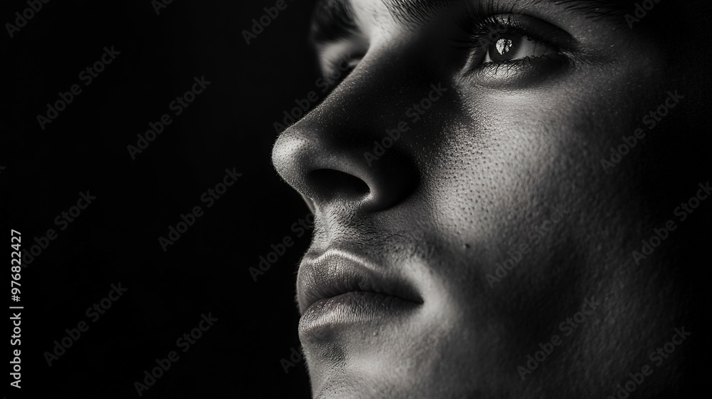 Poster contemplative stare into the void, half-shadowed face showing depth of thought