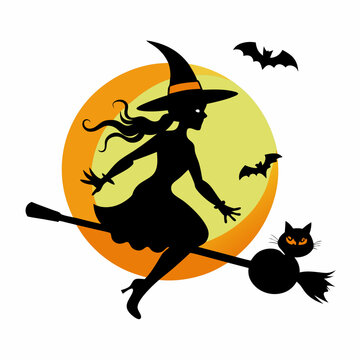 recommend clip art: Witch with a broom and kitty fly on a broom. Vector illustrations of a Halloween silhouette witch and a cat flying on a broomstick  silhouette on a white background 