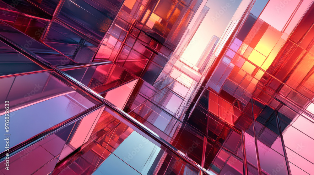 Poster abstract geometric design featuring vibrant colors and translucent shapes in a futuristic setting du