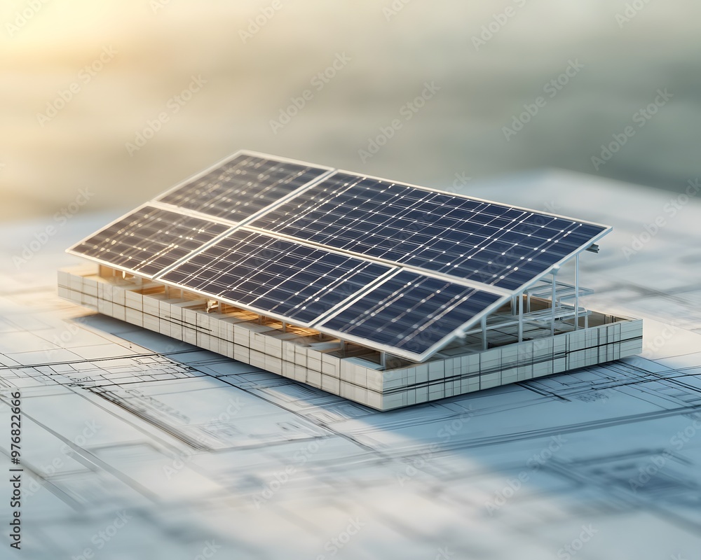 Poster a model of a building with solar panels on a blueprint background, emphasizing sustainable design.