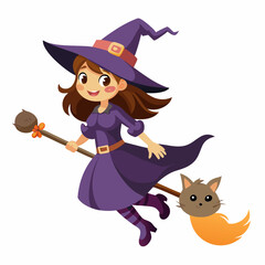 Witch with a broom and kitty fly on a broom. Vector illustrations of a Halloween silhouette witch and a cat flying on a broomstick  silhouette on a white background 