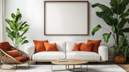 Modern Living Room Interior with White Sofa  Orange Pillows  and Plants
