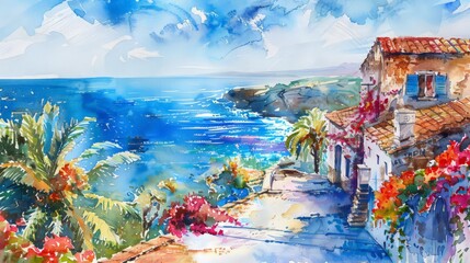 Watercolor colorful bright textured abstract background handmade. Mediterranean landscape.