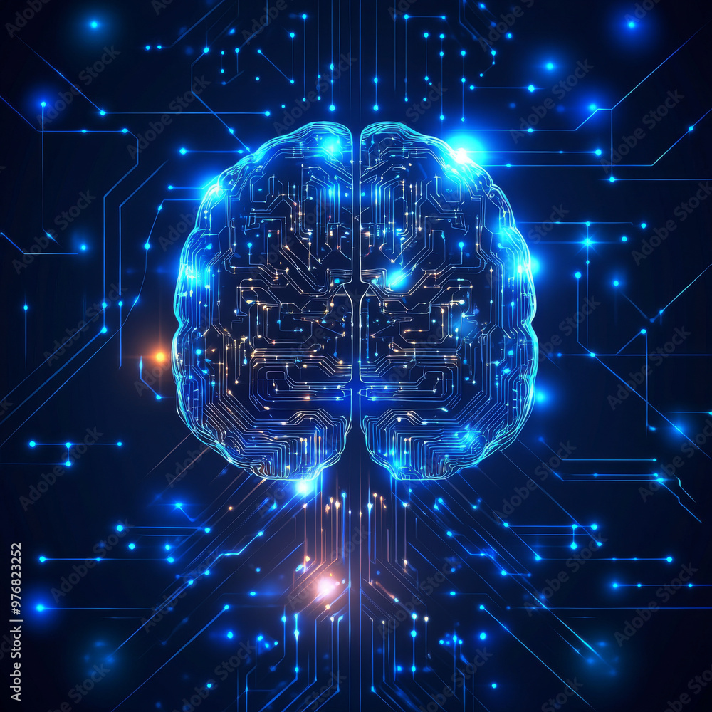 Poster abstract digital technology background for artificial intelligence (ai) featuring a digital brain, f